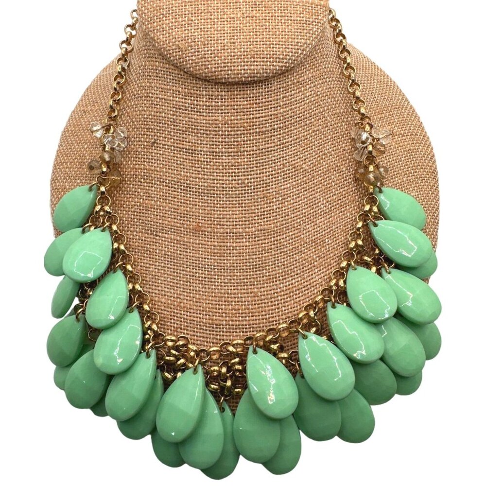 Layered Green Bib Statement Necklace Teardrop Chunky Multi Acrylic Beads